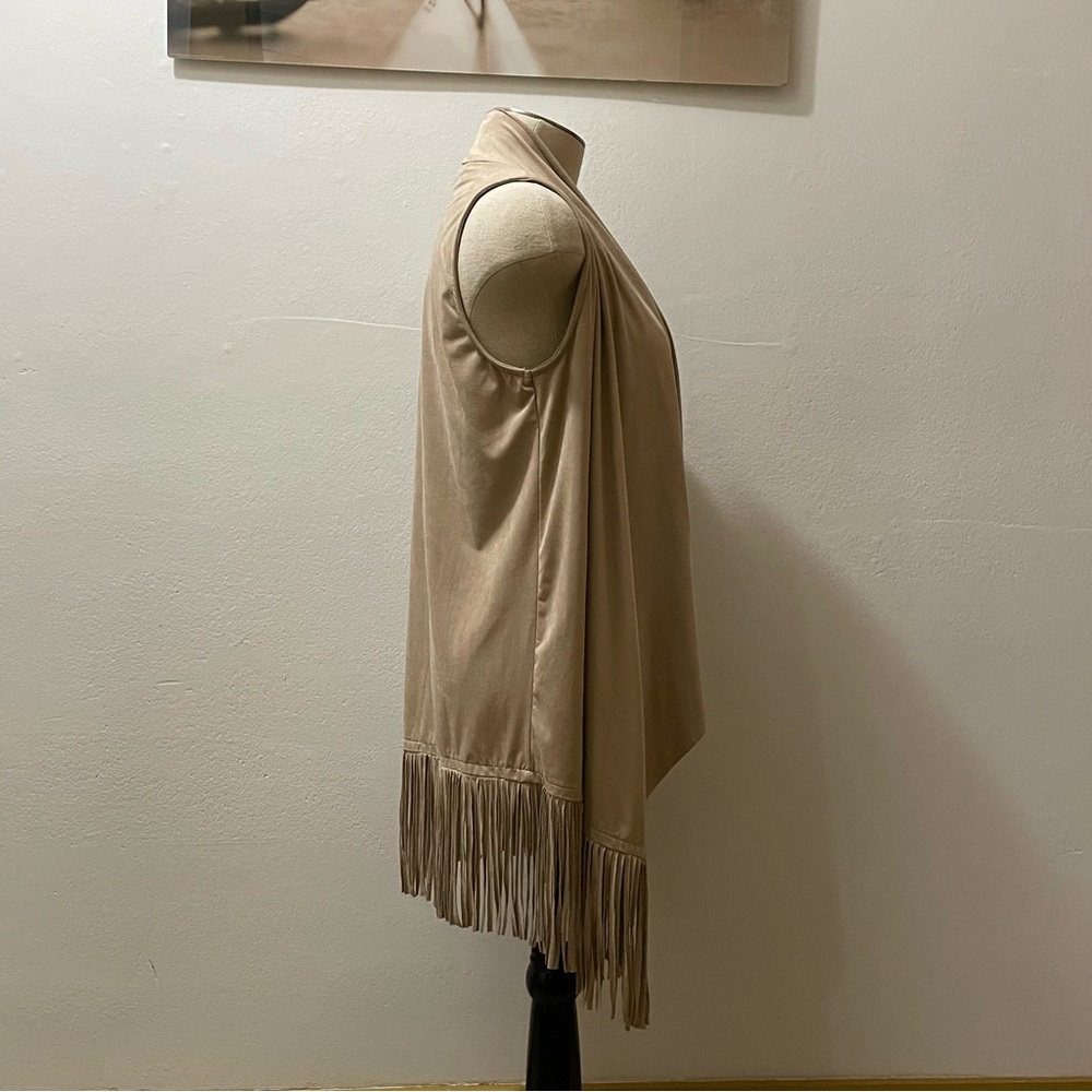Tan Fringe Open Front Suede-Like Vest by Pink Rose Size Xtra Small - Picture 4 of 5